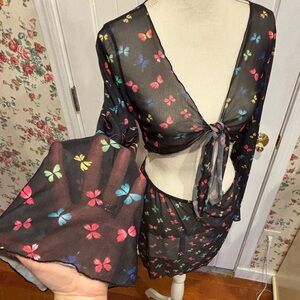Butterfly Print Sheer Tie-Front Top and Skirt Set Women’s size Large